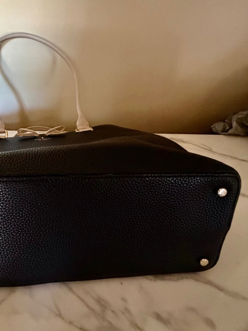 Kate Spade Black & Beige Tote with Bow/ Pebbled Leather, Like New - Picture 7 of 7